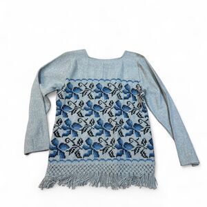 Blue & grey floral patterned embroidered cotton top with fringe and pockets
